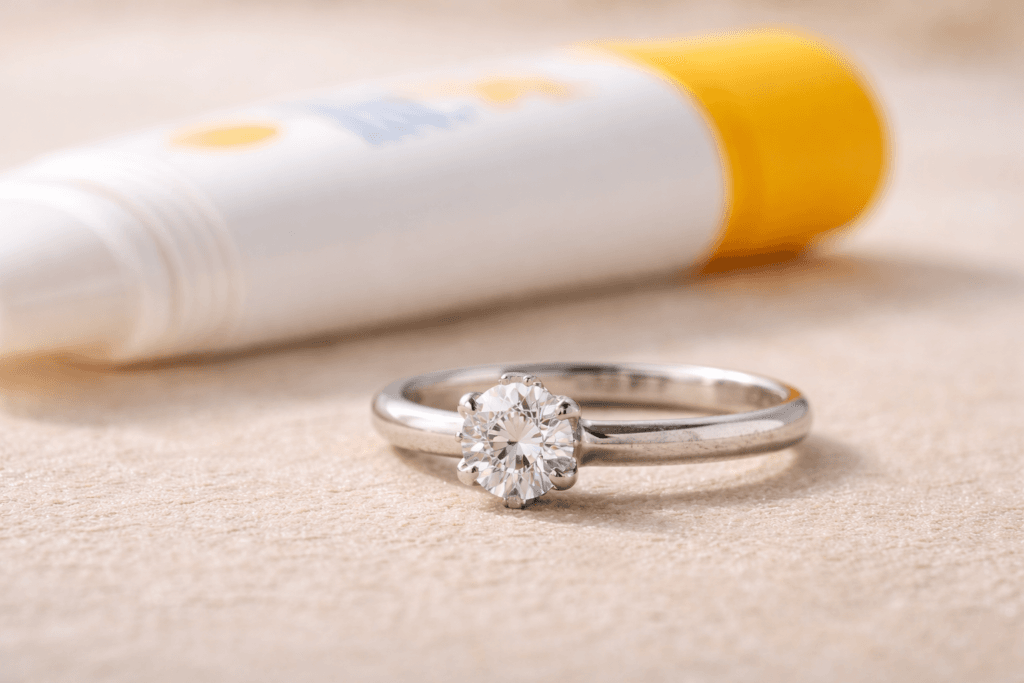 Does sunscreen damage jewelry, ring with sunscreen residue and soft beach light
