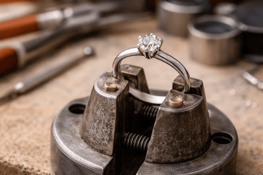 Diamond engagement ring in jeweler's stand